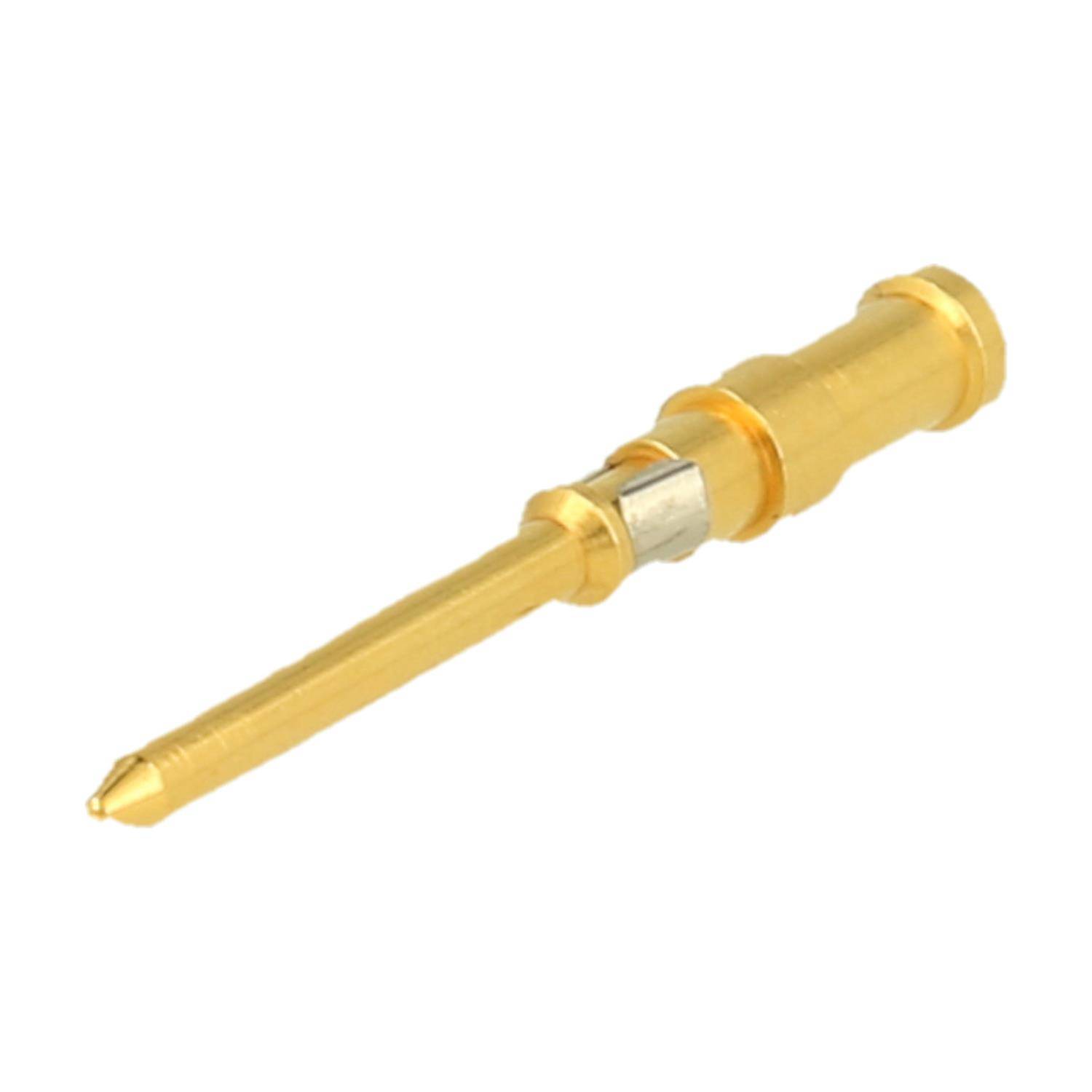 Eine goldfarbene, metallische Stecknadel mit spitzer Spitze und zylindrischer Basis, wahrscheinlich für elektronische oder mechanische Verbindungen verwendet.