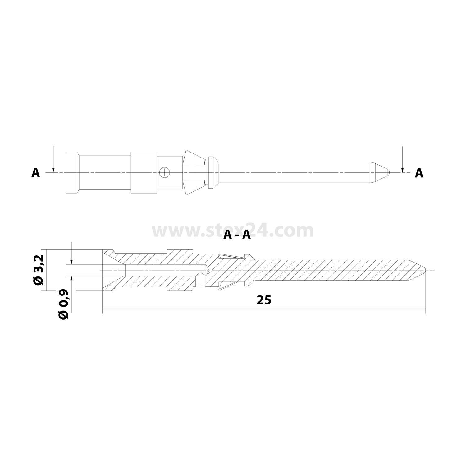 Technische Zeichnung einer Stiftschraube mit Seiten- und Querschnittsansichten. Gekennzeichnete Abmessungen: 25 mm Länge, Durchmesser 3,2 mm und 0,9 mm.