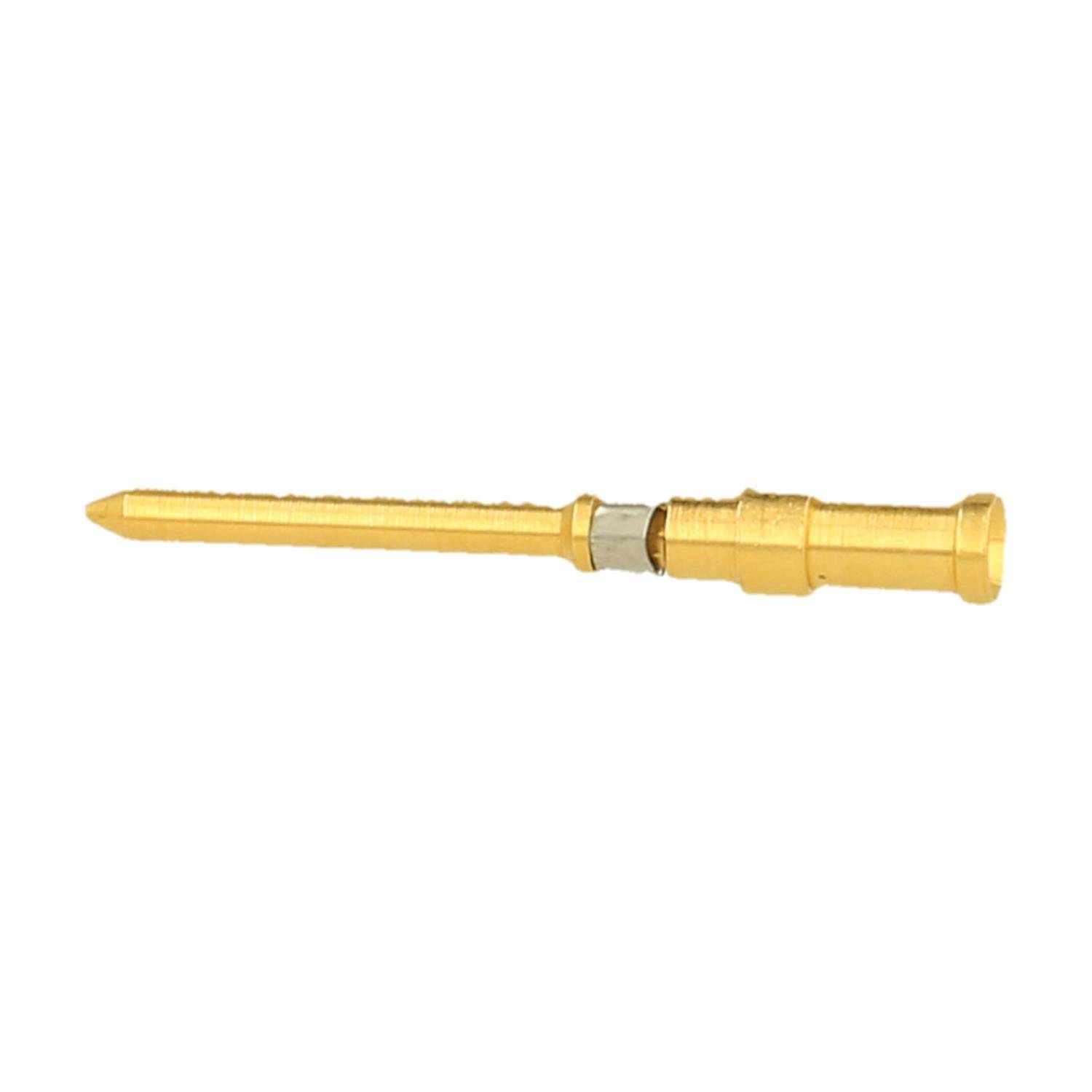 Eine goldene, zylindrische Stiftnadel mit verjüngtem Ende, wahrscheinlich verwendet als elektrischer Stecker oder Kontaktstift, isoliert auf weißem Hintergrund.