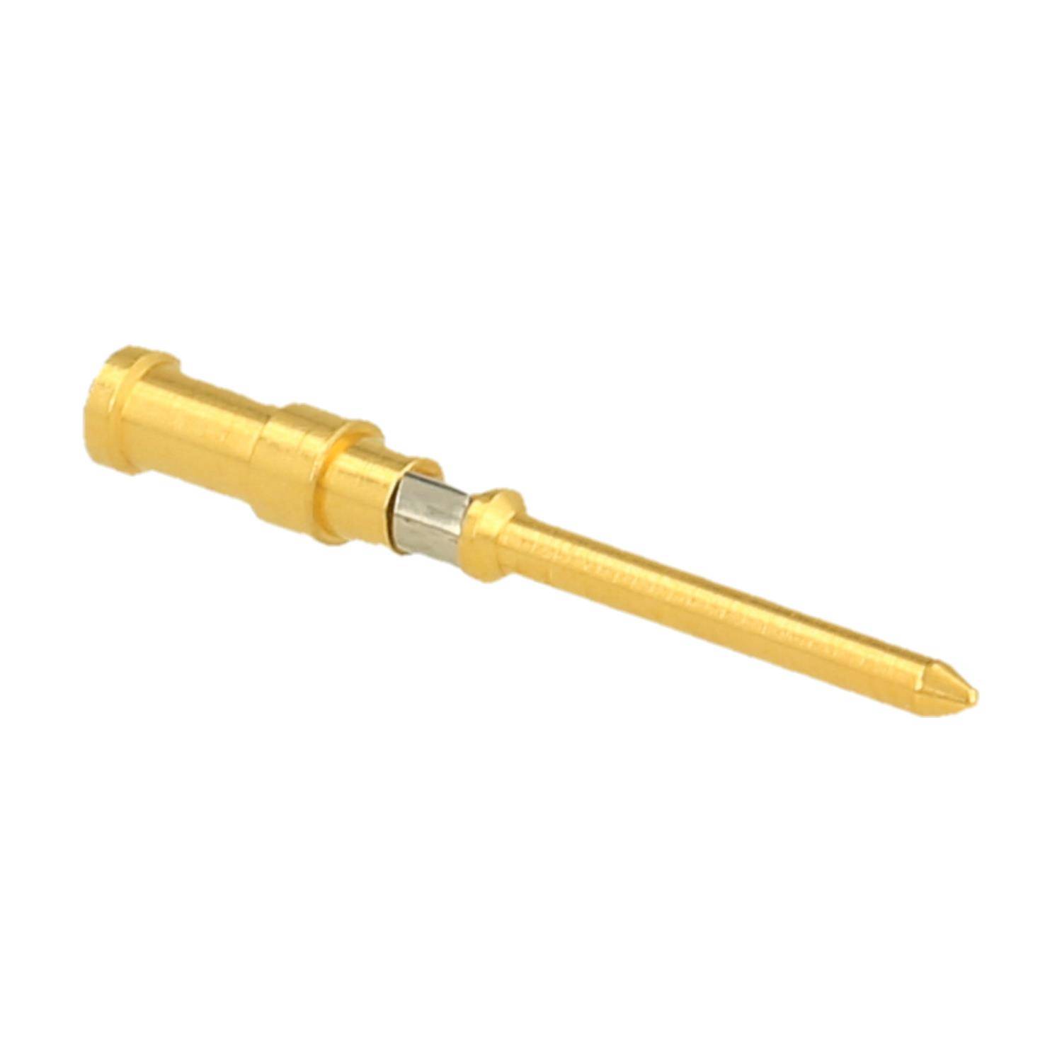 Ein Goldstift-Stecker mit zylindrischem Körper und spitzer Spitze, der für elektronische Verbindungen verwendet wird.