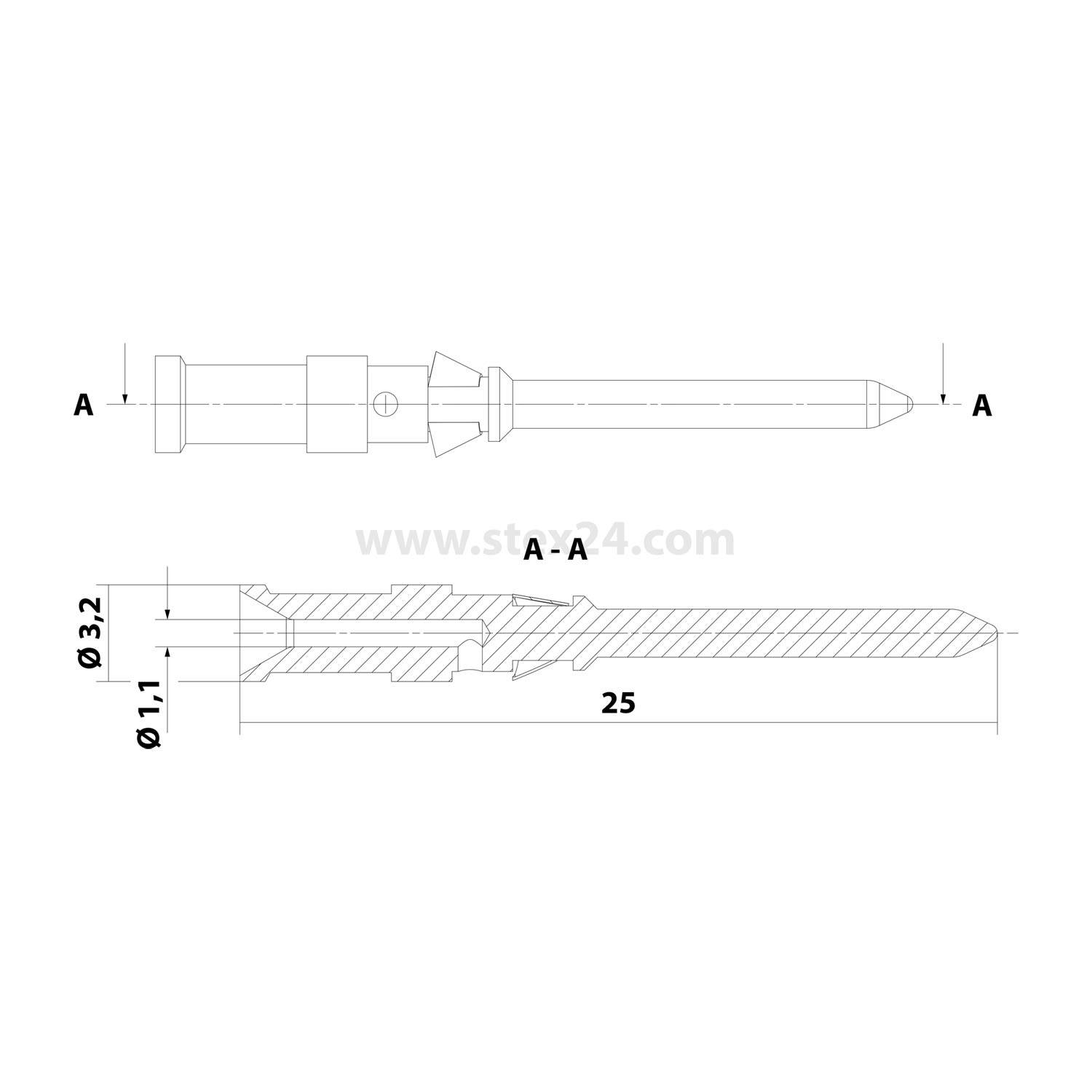 Ein technisches Diagramm einer Wandsteckdose mit Seiten- und Querschnittsansichten mit Abmessungen: Durchmesser von 11 und 3,2, Länge von 25 Einheiten.