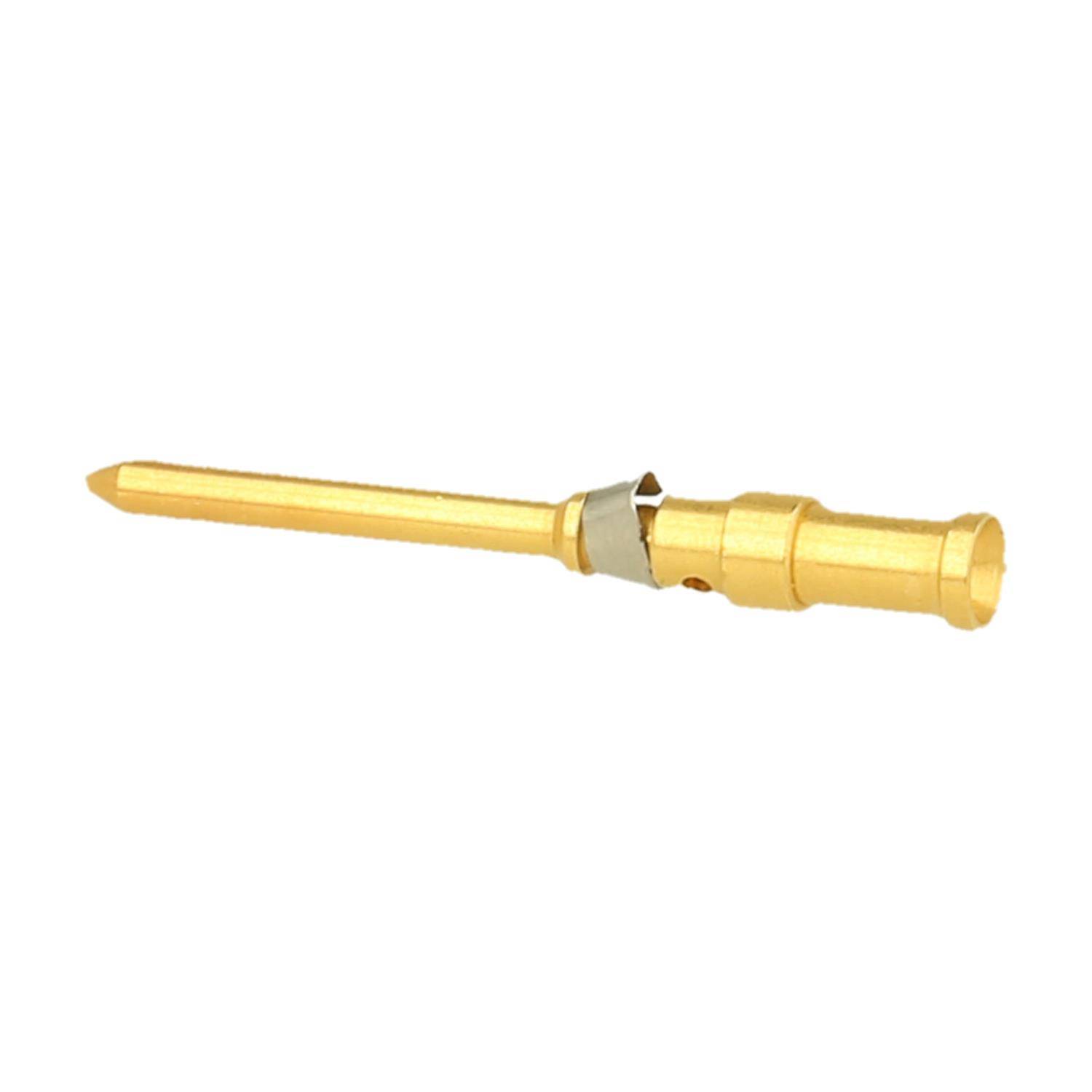 Ein goldener, zylindrischer Metallstiftkonnector mit verjüngtem Ende, konzipiert für elektronische oder elektrische Verbindungen.