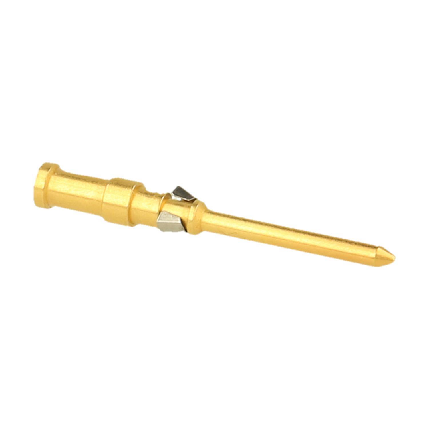 Ein goldfarbenes, zylindrisches Metallobjekt mit einer kegelförmigen Spitze, das typischerweise als elektrischer Kontakt oder Prüfspitze in Steckverbindern verwendet wird.