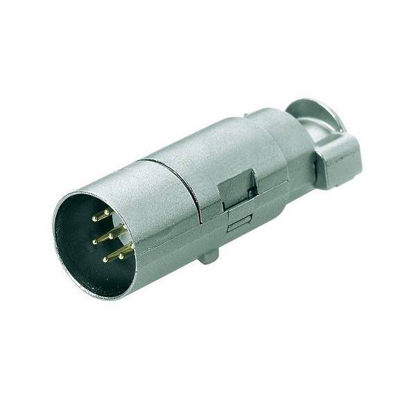 Ein zylindrischer Metallverbinder mit mehreren Pins, der einen Stecker zeigt, der in Audio- und elektrischen Geräten zur Herstellung von Verbindungen verwendet wird.