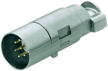 Eine Nahaufnahme eines 7-poligen Anhängersteckers, die die Metallstifte zur Verbindung von Fahrzeug und Anhänger zeigt, wobei das zylindrische Design und die metallische Oberfläche betont werden.