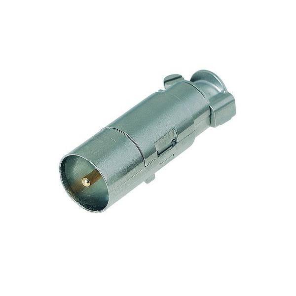 Ein Metall-Antennen-Stecker mit zylindrischer Gestalt, der zum Anschluss von Antennenkabeln an Fernsehgeräte oder Radioempfänger verwendet wird.