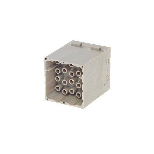 Ein graues, rechteckiges elektrisches Anschlussgehäuse mit mehreren kreisförmigen Buchsen für Steckverbindungen.