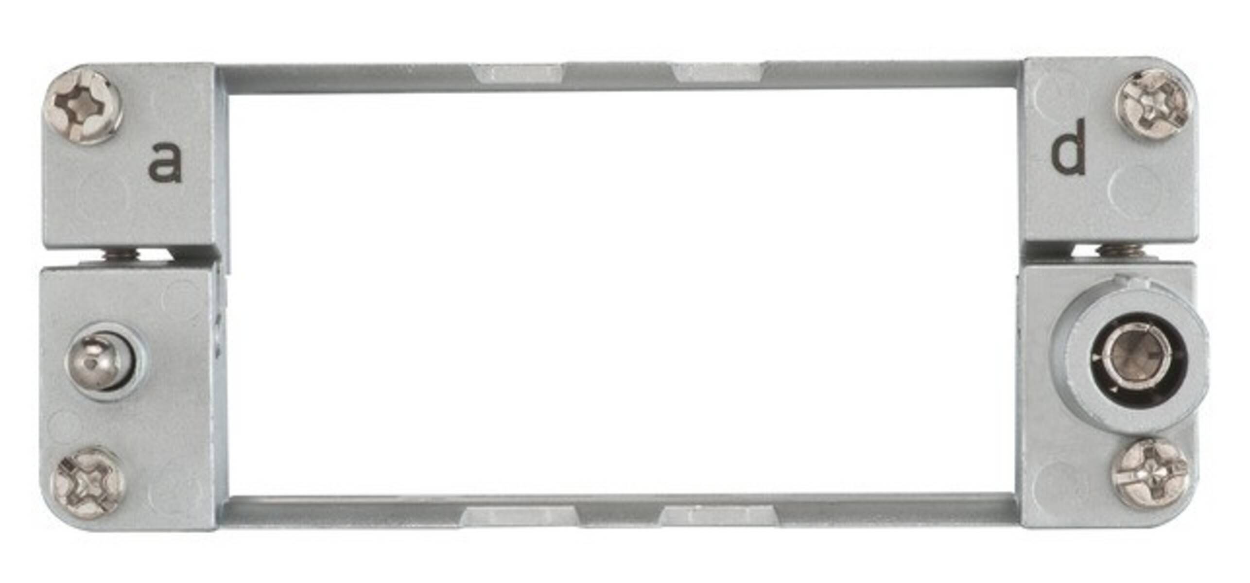 Ein rechteckiger Metallrahmen mit vier gleichmäßig verteilten Metallhalterungen an jeder Seite.