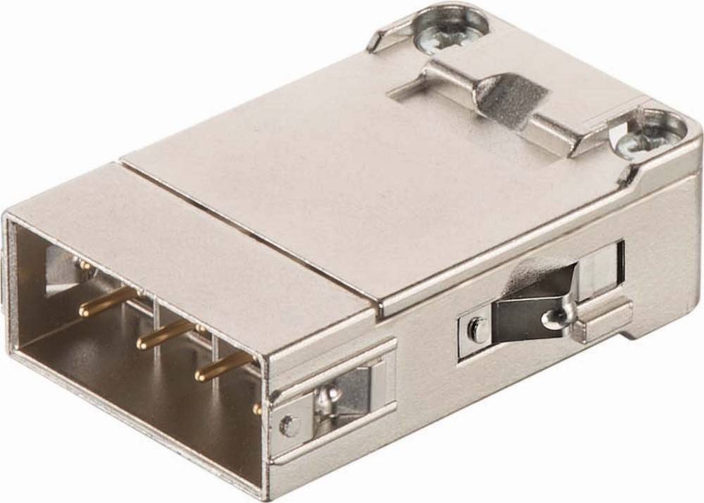 Eine Nahaufnahme eines Metall-USB-Steckers mit goldfarbenen Kontakten, die seine rechteckige Form und innere Komponenten zeigt.