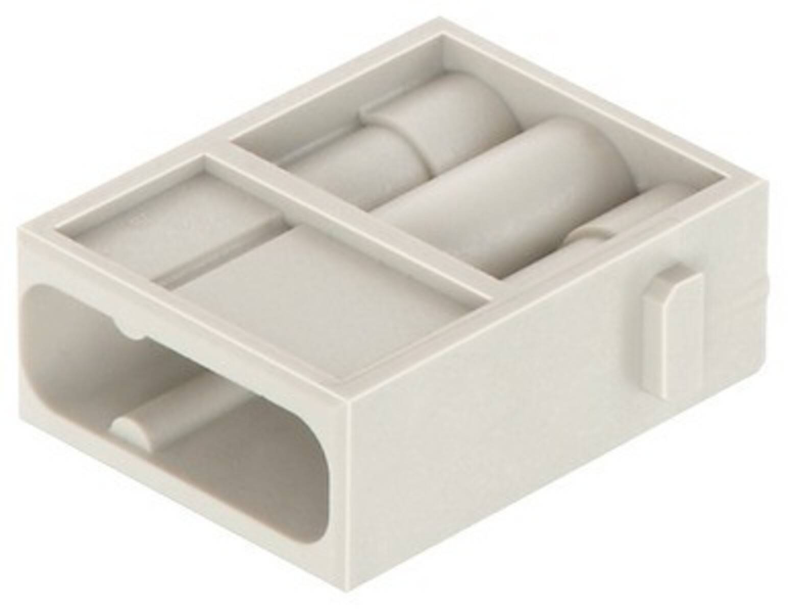 Ein rechteckiger LEGO-Stein mit zwei zylindrischen Griffen im Inneren, in gebrochener Weiß-Farbe, von einem Winkel aus betrachtet, der sein strukturelles Design hervorhebt.