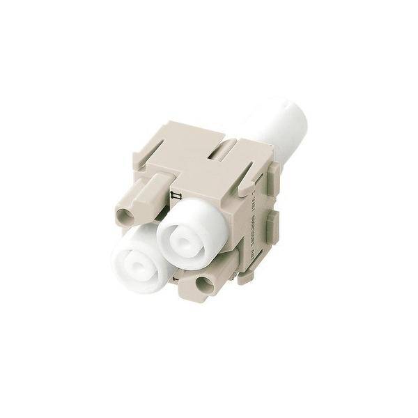 Ein beige-weißer Verbinder mit mehreren Anschlüssen und zylindrischen Komponenten, konzipiert für elektronische oder telekommunikative Ausrüstung.