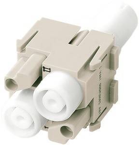 Ein beige Kunststoffverbinder mit drei zylindrischen Anschlüssen, der für Glasfaserverbindungen konzipiert ist.