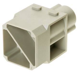 Eine rechteckige, beige Kunststoffkomponente mit zylindrischen und quadratischen Merkmalen, wahrscheinlich für mechanische oder elektronische Anwendungen verwendet.
