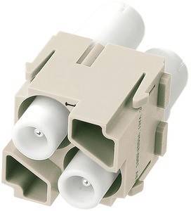 Eine beige elektrische Komponente mit vier weißen zylindrischen Anschlüssen, die zum Verbinden oder Anschließen von Drähten in einer modularen Konfiguration verwendet wird.