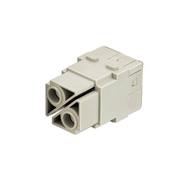 Ein grauer, zweiportiger modularer Elektroverbinder mit zwei nebeneinander liegenden Anschlüssen für Kabelverbindungen.