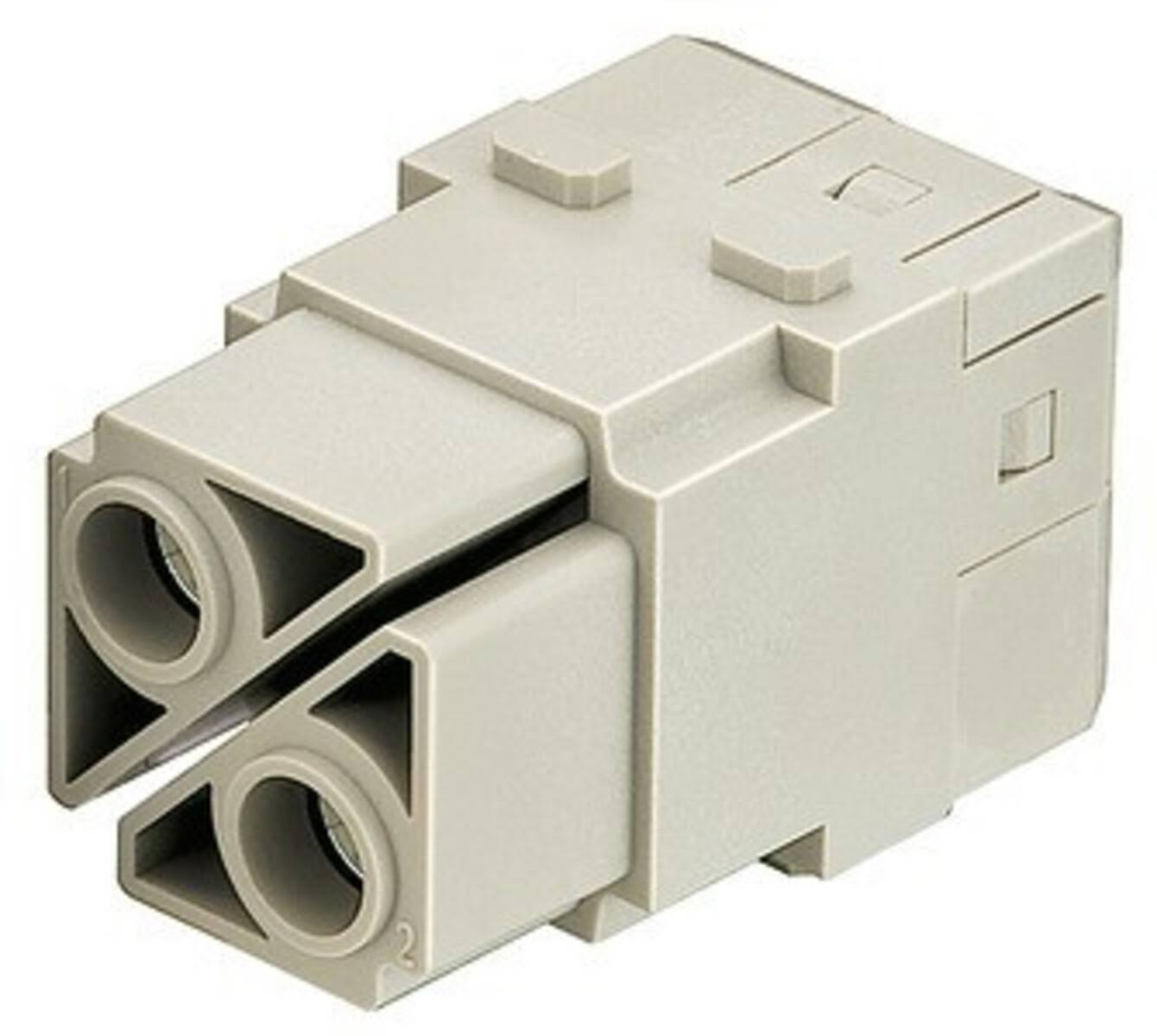 Ein beiger elektrischer Anschluss mit zwei zylindrischen Öffnungen an der Vorderseite und quadratischen Einschnitten an der Oberseite, der zum Verbinden von elektrischen Schaltkreisen verwendet wird.