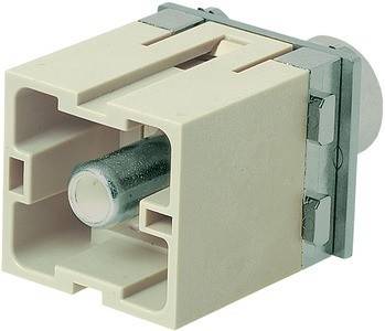 Eine Nahaufnahme einer beigen mechanischen Schaltkomponente mit einer hervorstehenden Metallstange und quadratischen Ausschnitten, die typischerweise in elektronischen Geräten verwendet wird.