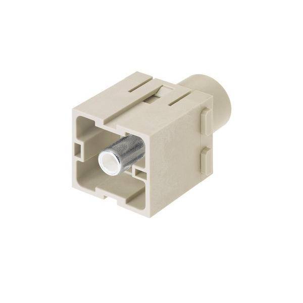 Ein beiger Kunststoff-RF-Koaxialstecker mit einem Metallmittelpin, der zur Übertragung von Hochfrequenzsignalen verwendet wird.
