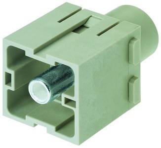 Eine Nahaufnahme eines grünen elektrischen Steckverbinders mit einem zylindrischen Metallstift im Inneren, versehen mit seitlichen Klemmverriegelungen für eine sichere Befestigung.