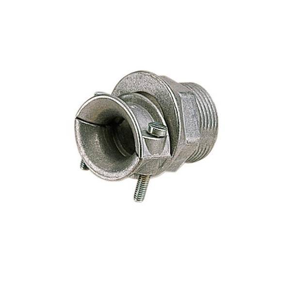 Eine Metall-Elektrorohrverbindung mit Gewindeanschlüssen und einer Madenschraube zum Sichern von Leitungen, die typischerweise in gewerblichen Elektroinstallationssystemen verwendet wird.