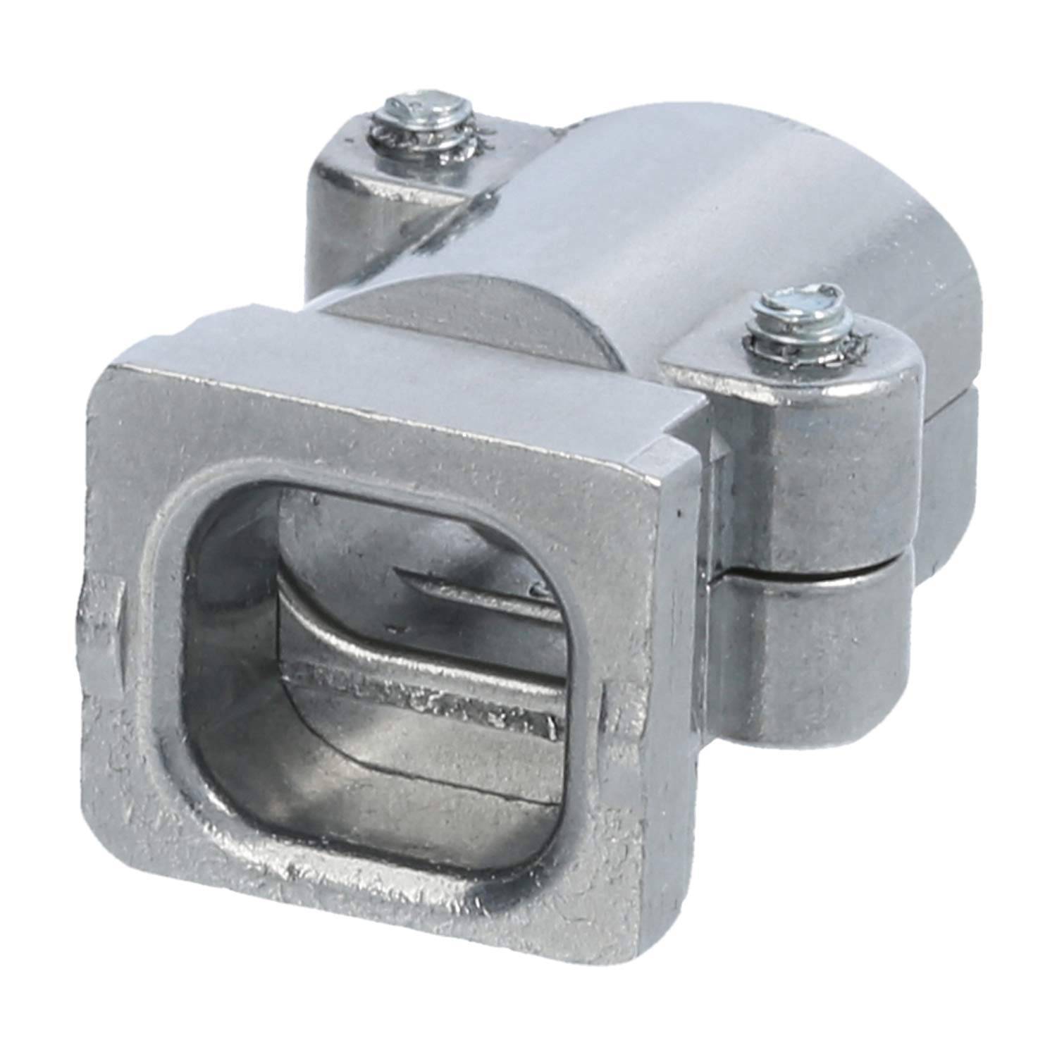 Ein silberner, metallischer, rechtwinkliger Kabelstecker mit Befestigungsschrauben, der verwendet wird, um Rohre sicher mit Elektroboxen zu verbinden.