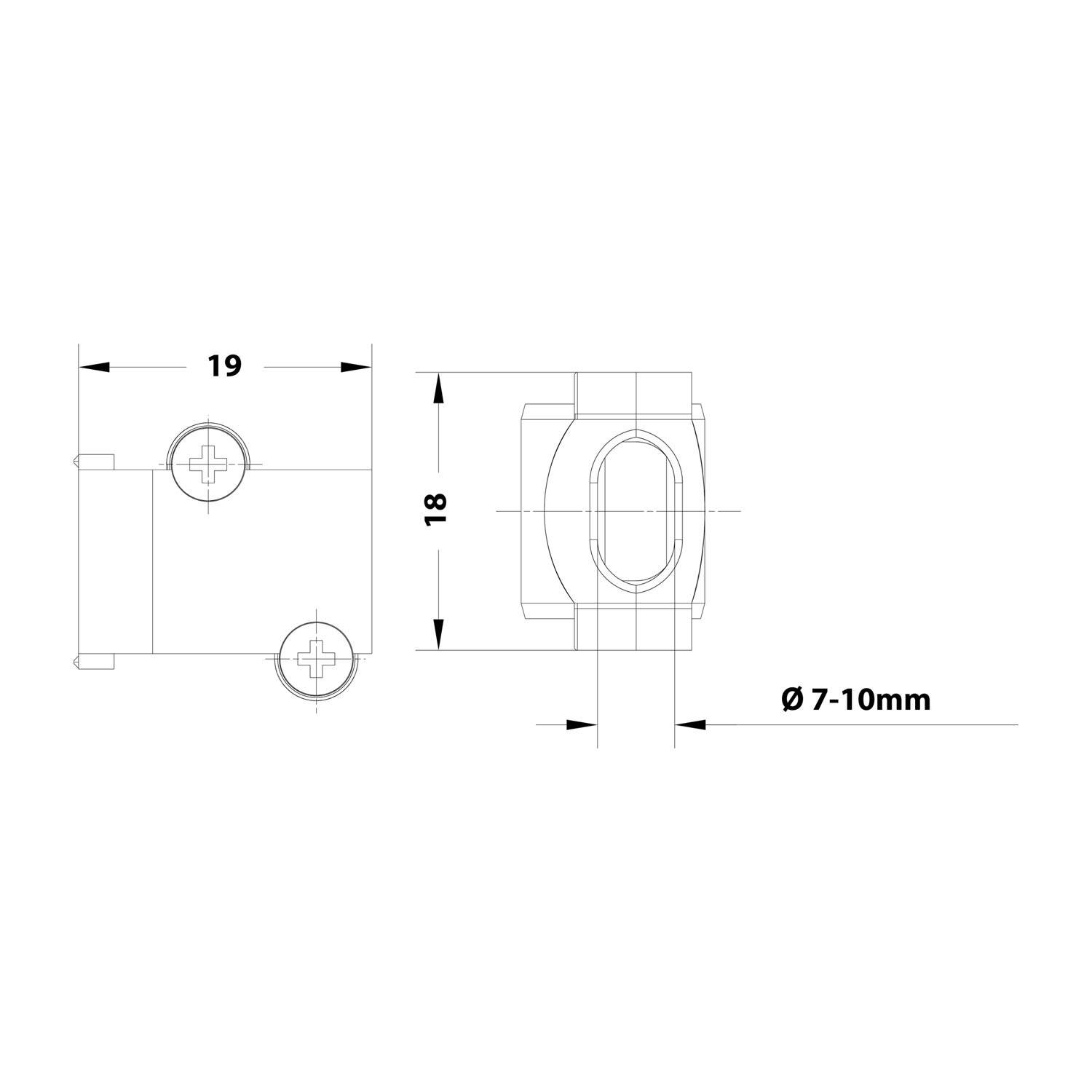 Technische Zeichnung einer Klemmvorrichtung mit Abmessungen: 19 mm Breite, 18 mm Höhe, geeignet für Durchmesser 7–10 mm, mit Querschnittsansichten.