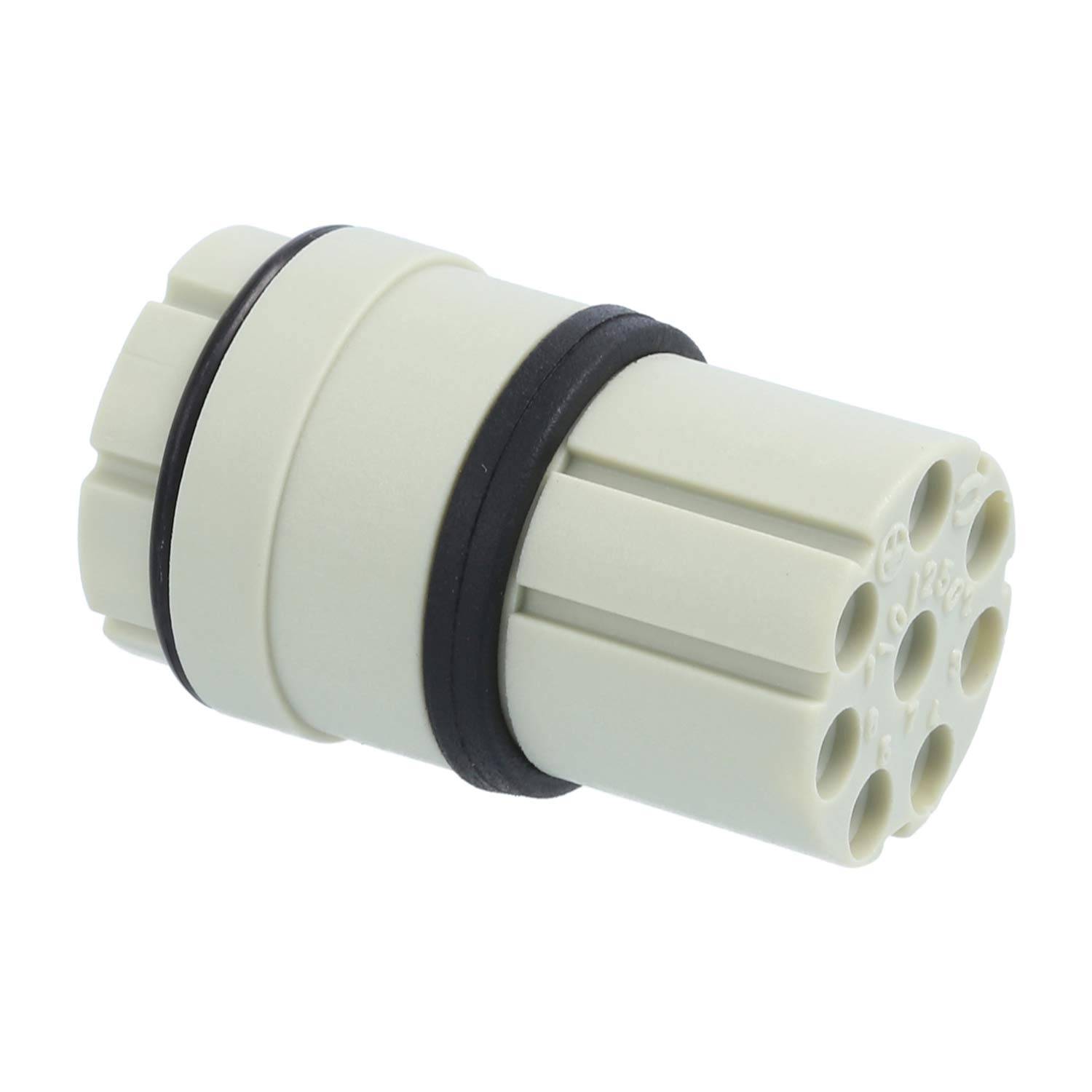 Ein beiger, zylindrischer Mehrfach-Steckverbinder mit schwarzem Gummibelag. Geeignet für sichere Verbindungen in elektronischen Geräten oder Maschinen.