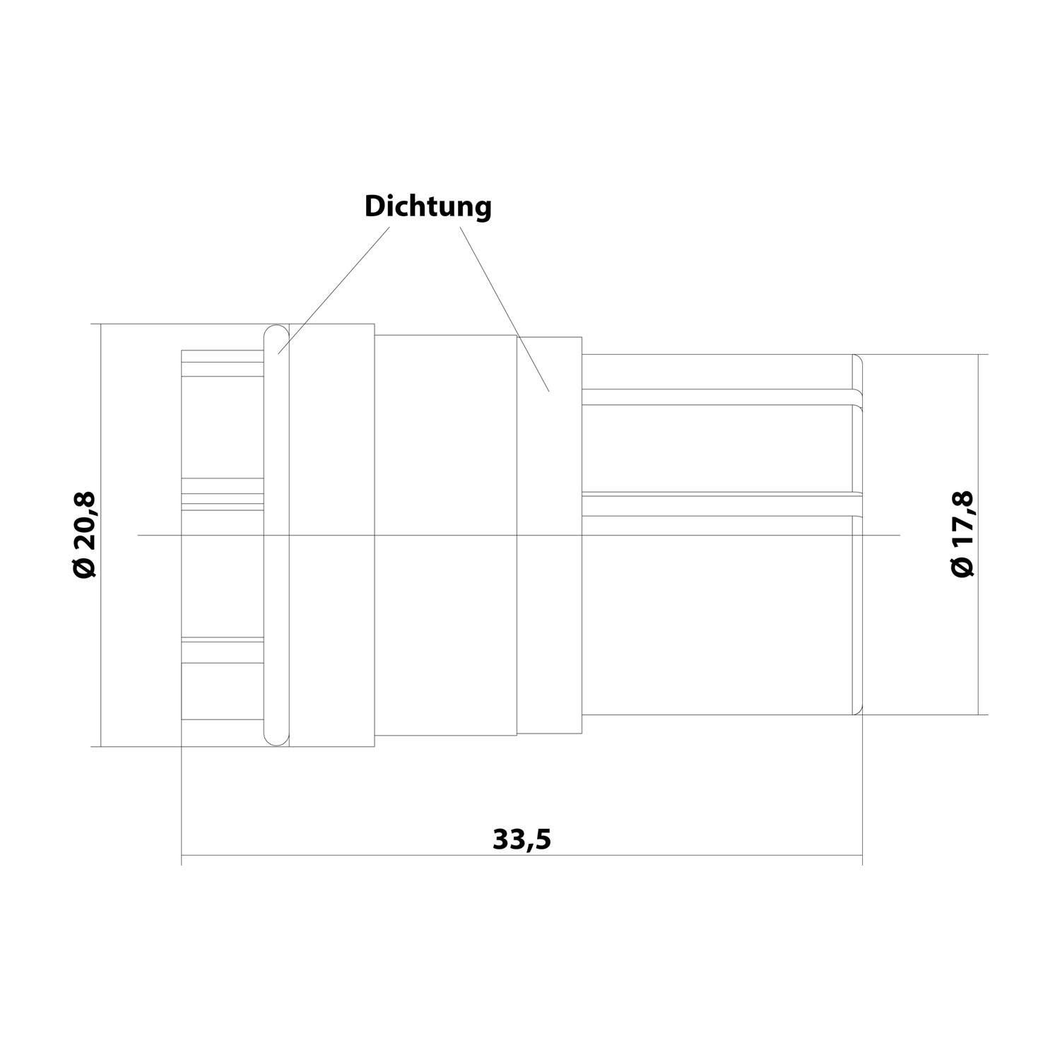 Technische Zeichnung eines zylindrischen Objekts mit Abmessungen: Durchmesser 20,8, 17,8 und Länge 33,5. Beschriftung „Dichtung