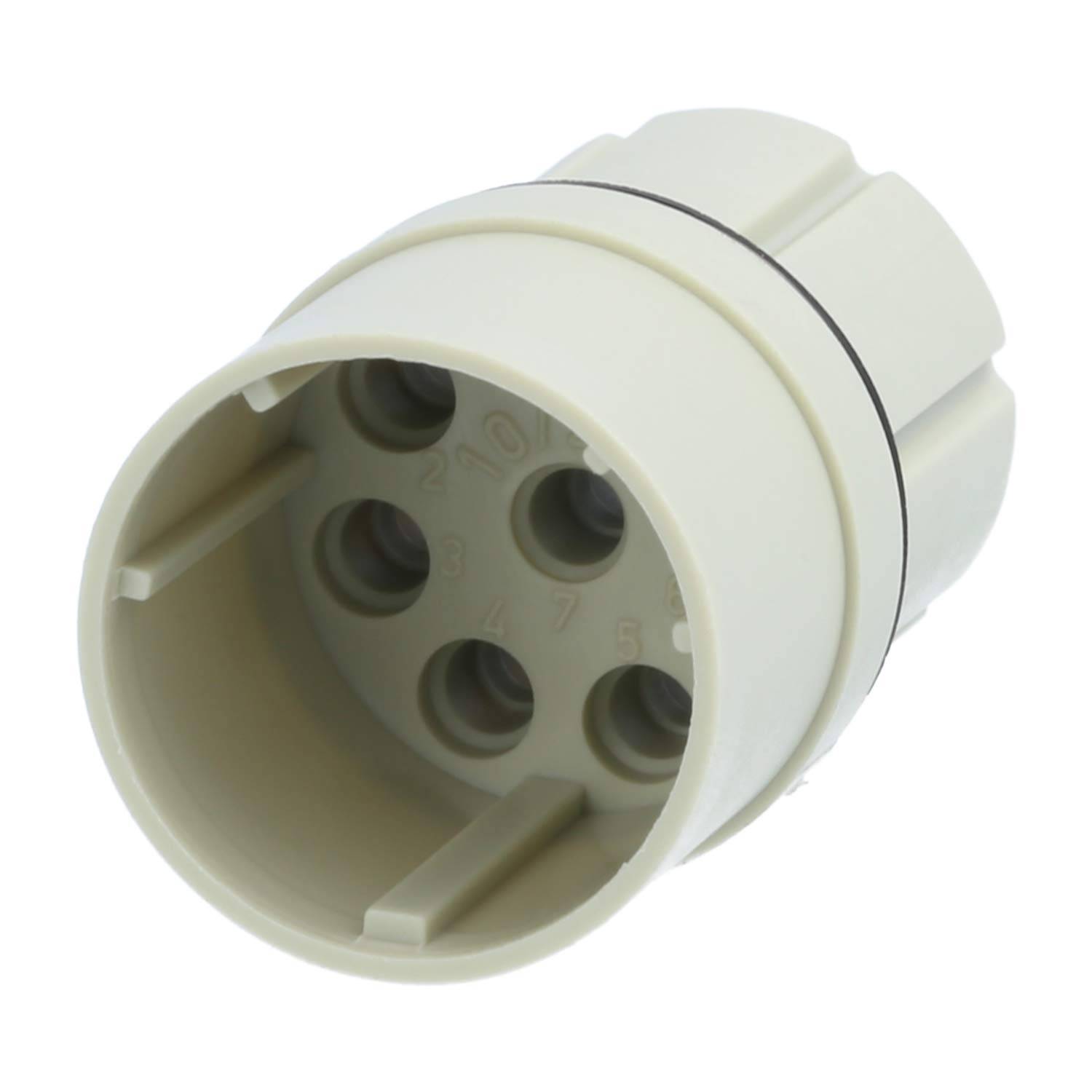 Ein weißer 7-poliger Anhängerstecker-Adapter mit sichtbarer Stiftkonfiguration, konstruiert zum Verbinden von Anhänger-Elektrosystemen.