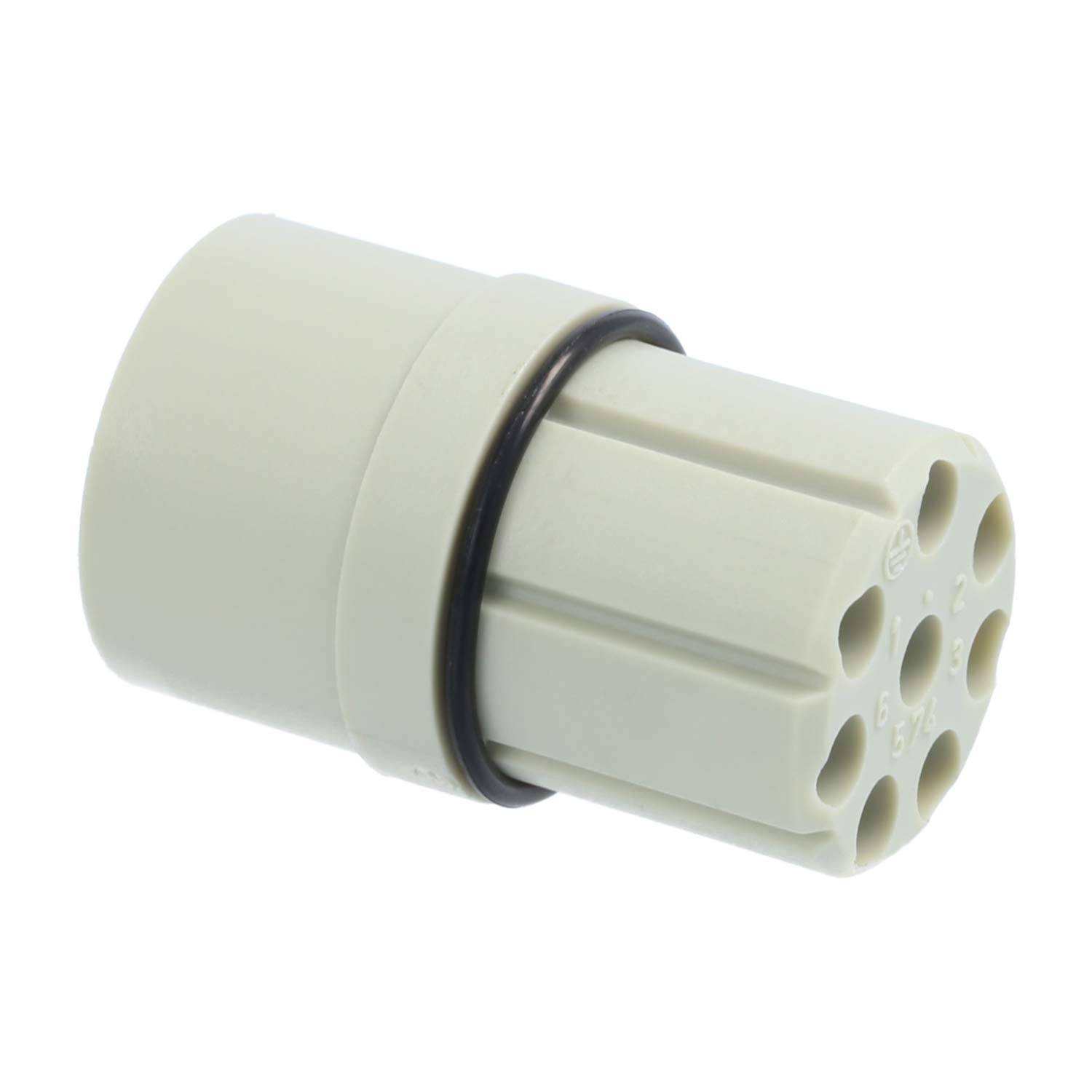 Ein zylindrischer elektrischer Stecker mit grauem Gehäuse und mehreren Stiftlöchern.