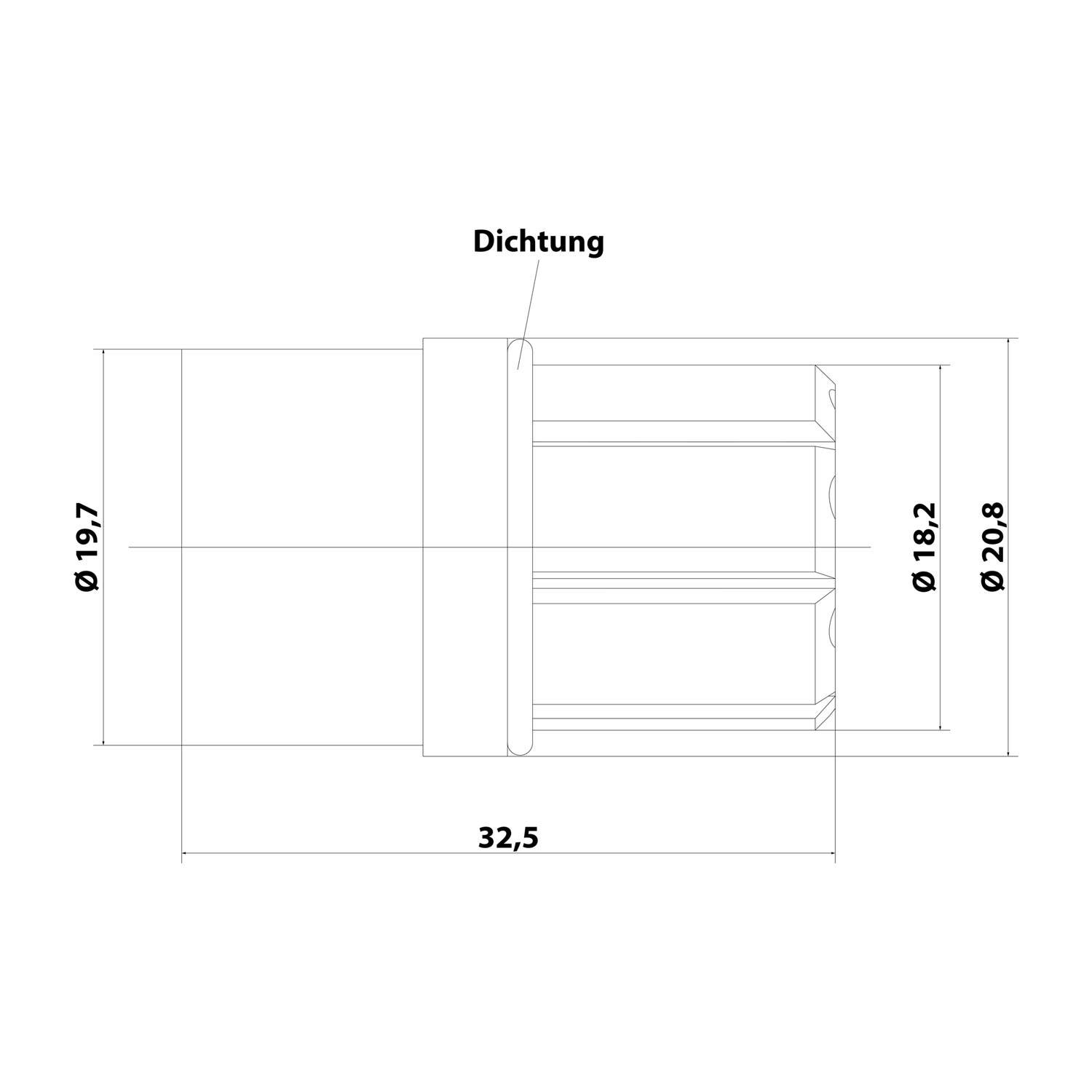 Diagramm eines zylindrischen Objekts mit der Bezeichnung Dichtung. Vorderdurchmesser 19,7, Mitteldurchmesser 18,2, Hinterdurchmesser 20,8, Länge 32,5.