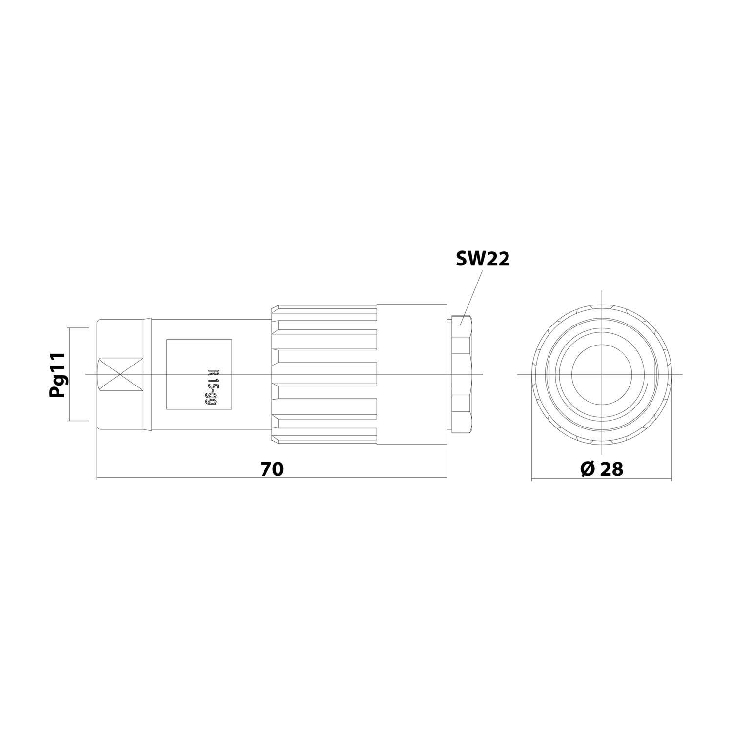 Technische Zeichnung einer zylindrischen Komponente mit Abmessungen. Länge: 70mm, Durchmesser: 28mm. Beschriftungen: 'Pg11', 'SW22'. Markierter Bereich: 'B6-54.18'.