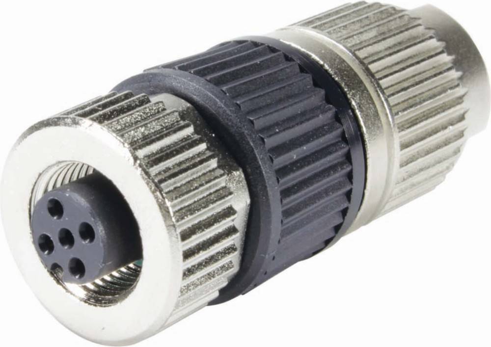 Eine Nahaufnahme eines metallischen elektrischen Anschlusses mit einer gerillten Oberfläche und einer Mehrfachsteckdose, die typischerweise für elektronische Geräte verwendet wird.