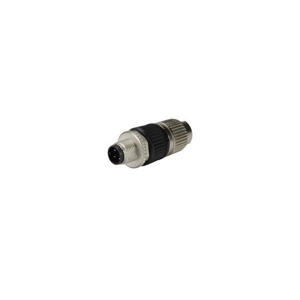 Ein kleiner metallischer runder Elektrostecker-Adapter mit einer schwarzen gerillten Mitte auf einem einfachen weißen Hintergrund.