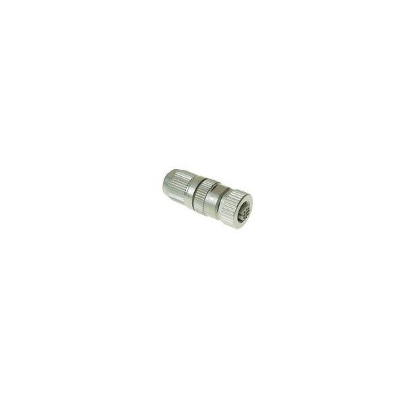 Kleiner silberner Metallzylinderstecker oder -verbinder auf weißem Hintergrund.