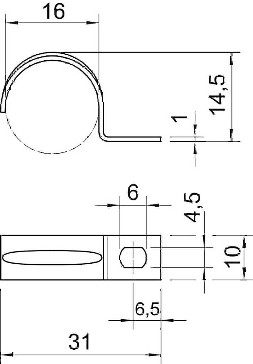 Eine technische Zeichnung einer Metallklammer mit Abmessungen: Höhe 14,5 mm, Breite 10 mm, mit einem Schlitz und einem Loch. Seiten- und Draufsicht dargestellt.