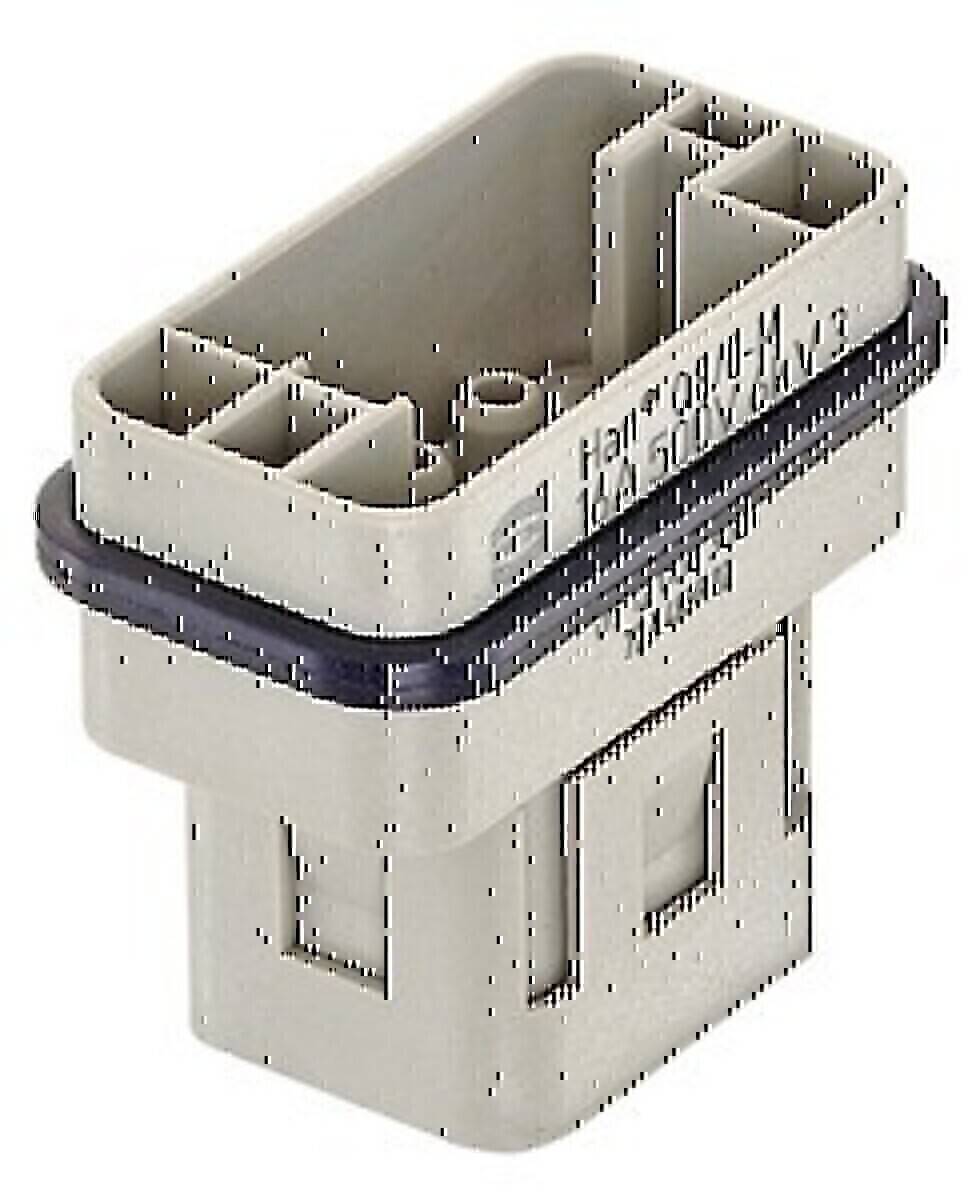 Ein grauer elektrischer Steckverbinder mit rechteckiger Form und mehreren Schlitzen wird gezeigt. Er verfügt über geprägte Schrift auf seiner Oberfläche.