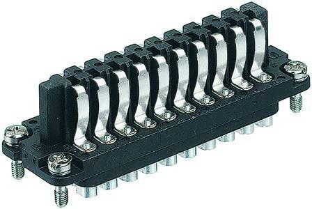 Eine Nahaufnahme eines Reihenklemmenblocks mit Metallschraubenklemmen, der zum Befestigen und Organisieren von elektrischen Leitungen verwendet wird.