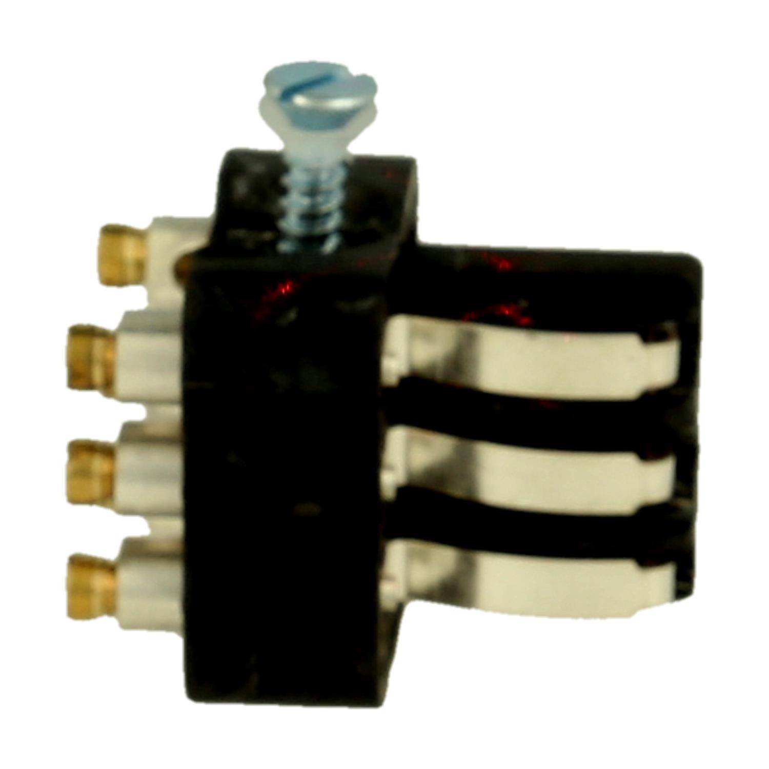 Ein schwarzer Drehschalter mit einer Schraube oben und drei Messingkontakten, die von der Seite herausragen.