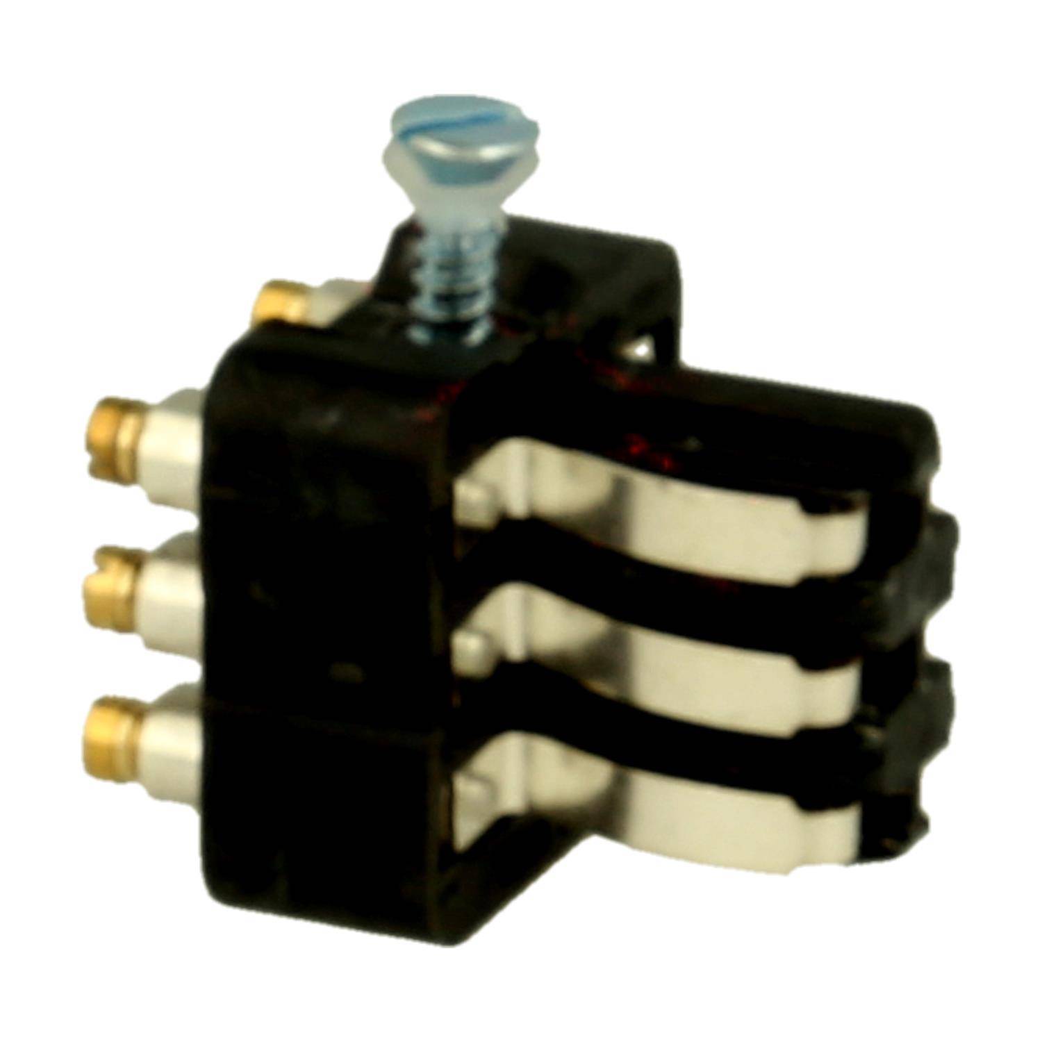 Ein schwarzer elektrischer Stecker mit drei Metallkontakten und einer Schraube oben, der zum sicheren Befestigen von Drähten in elektronischen Geräten verwendet wird.