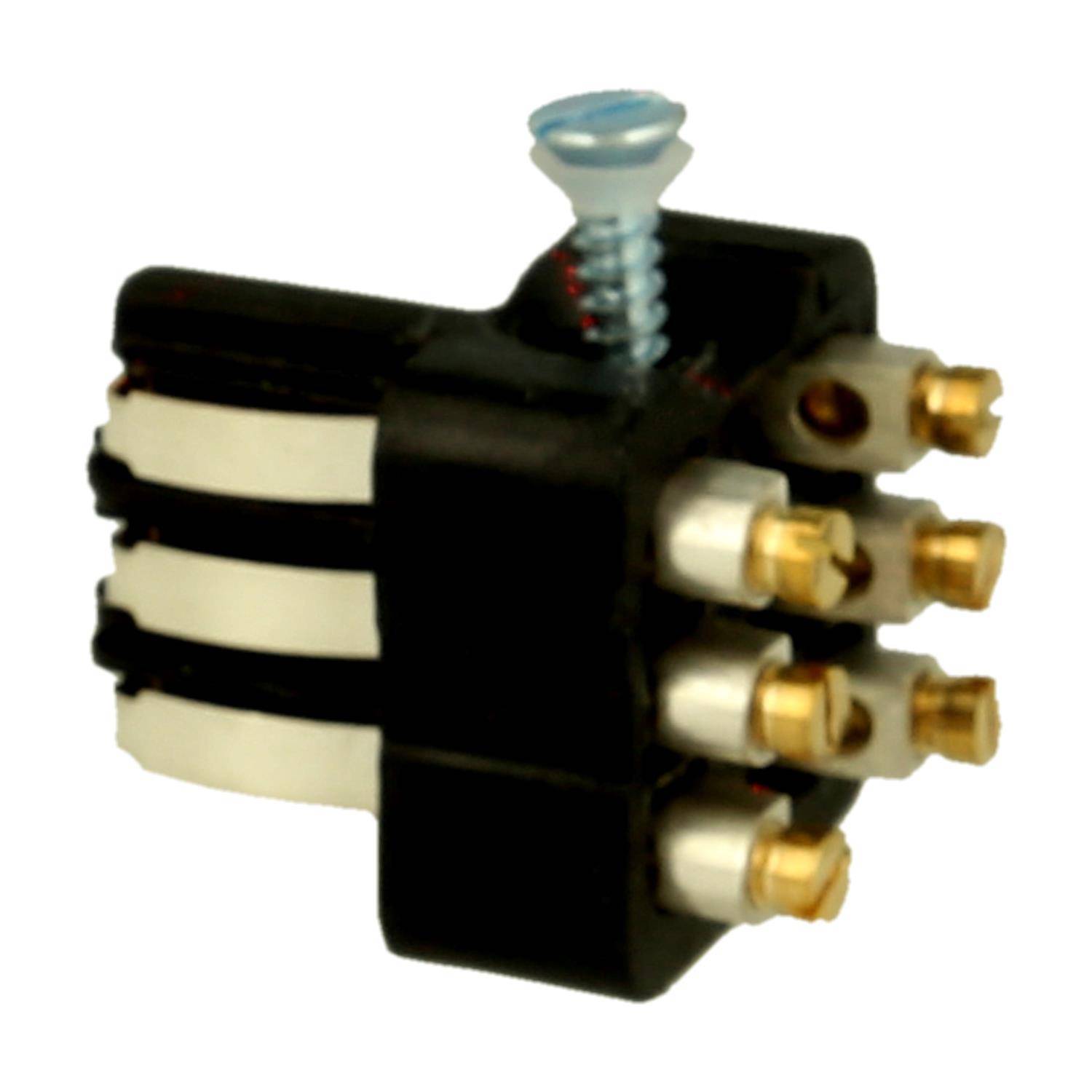 Ein schwarz-silberner elektrischer Stecker mit vier Messinganschlussschrauben und einer blauen Befestigungsschraube oben.