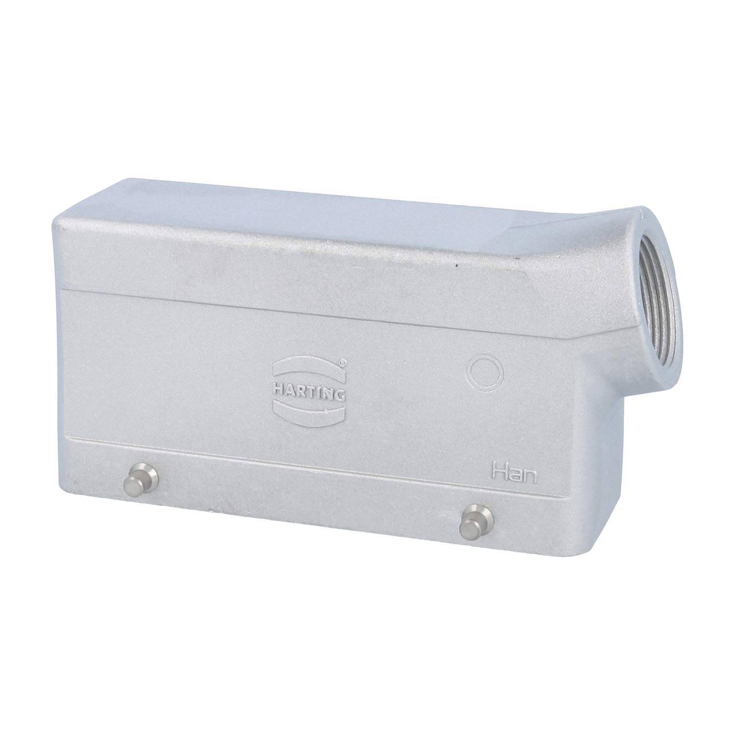 Rechteckiges metallisches Elektrogehäuse mit seitlicher Gewindebohrung, geprägt mit 'HARTING Han.' Konzipiert für Industriesteckverbinder.