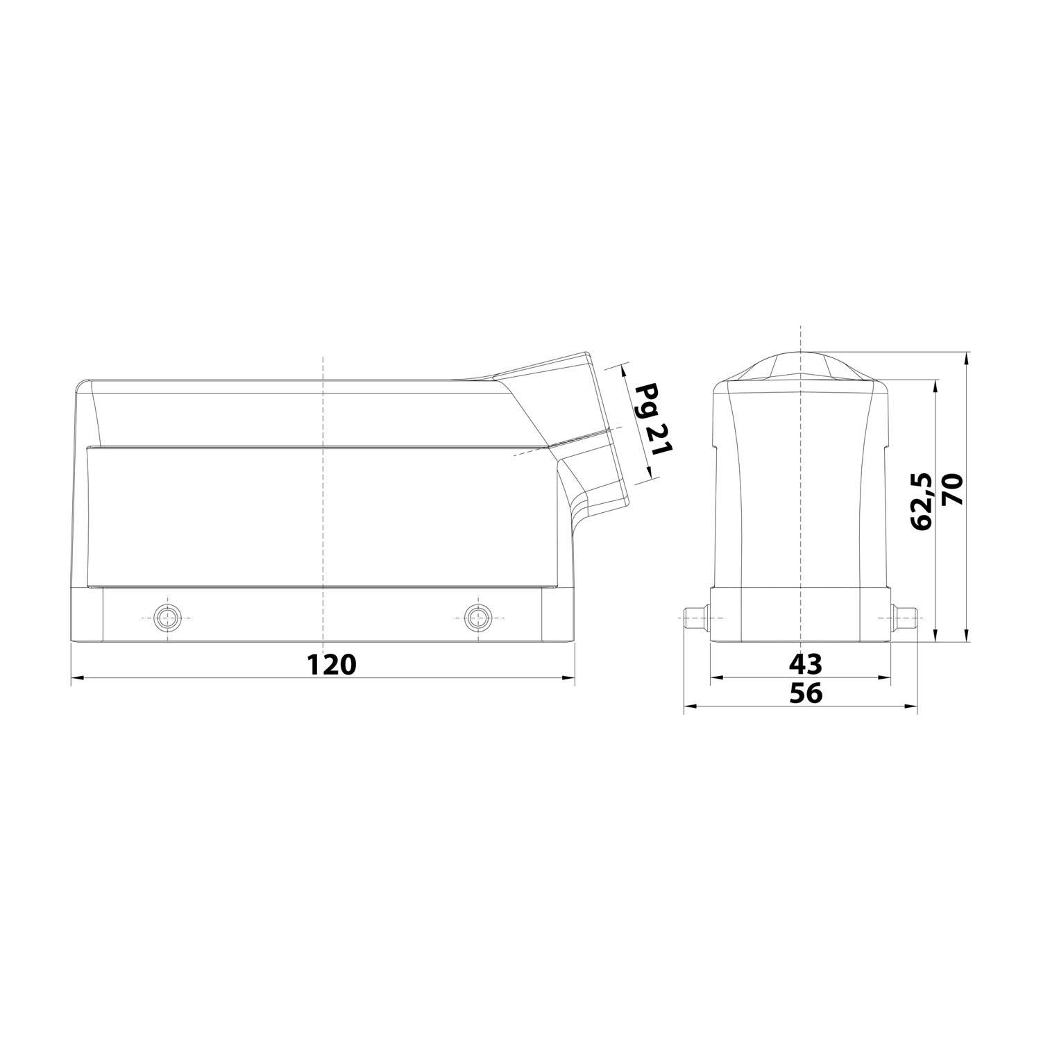 Technische Zeichnung einer Komponente mit Seiten- und Vorderansicht. Die Abmessungen umfassen 120 mm Länge, 70 mm Höhe und 56 mm Breite.