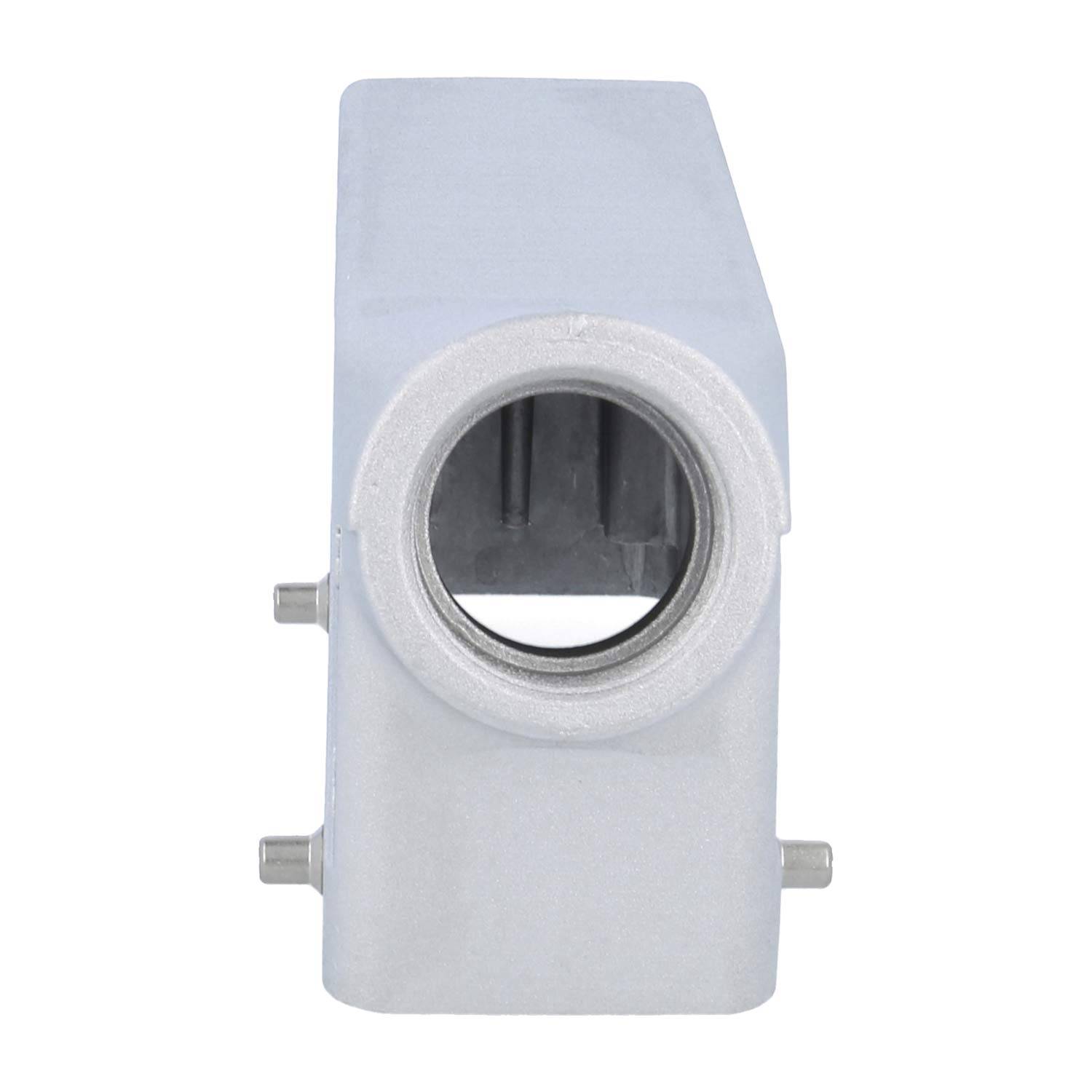 Frontansicht eines grauen mechanischen Lagerbocks mit einer kreisförmigen Öffnung in der Mitte und zwei Bolzen auf jeder Seite.