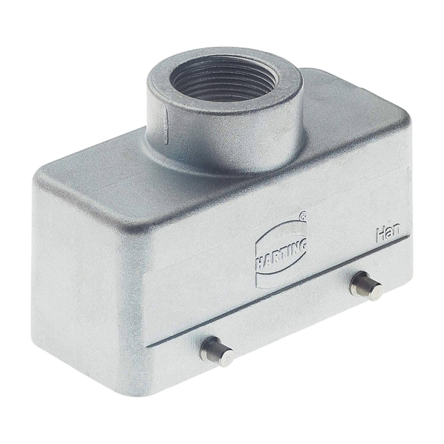 Ein rechteckiger metallischer elektrischer Stecker mit Gewinde oben und zwei Stiften unten, gekennzeichnet mit „Harting