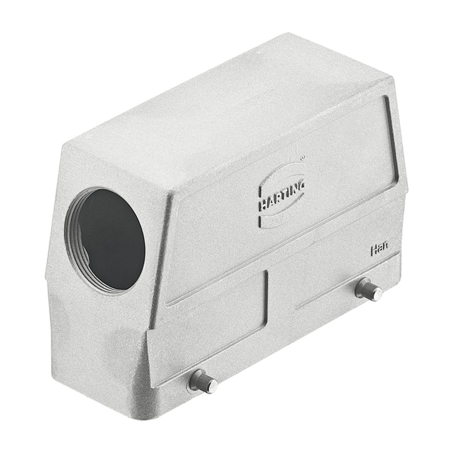 Rechteckiges metallisches Verbindungsgehäuse mit der Bezeichnung 'HARTING', mit seitlichem Gewindeeingang für den Kabelzugang, geeignet für industrielle Anwendungen.