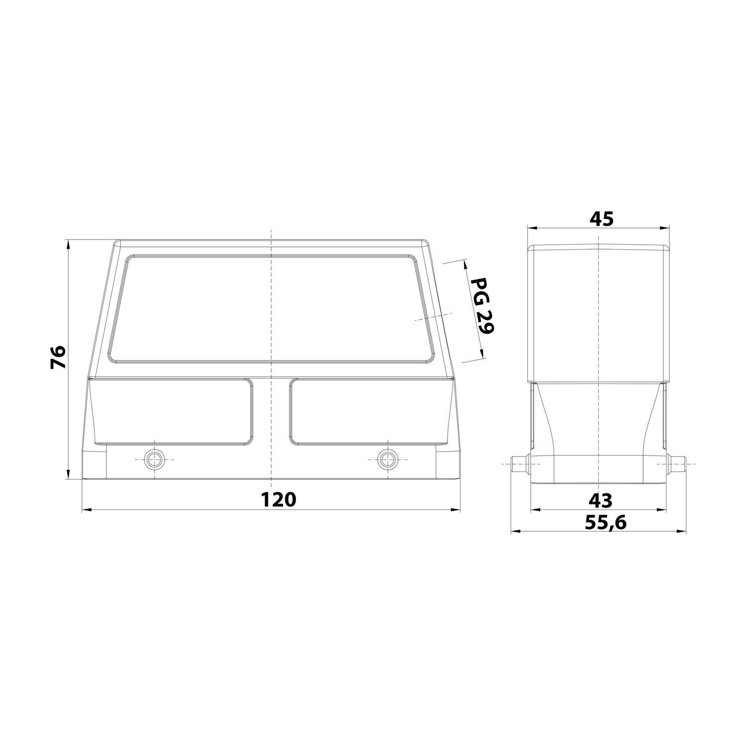 Technische Zeichnung eines rechteckigen Objekts mit den Abmessungen: Höhe 76 Einheiten, Breite 120 Einheiten, Tiefe 55,6 Einheiten.