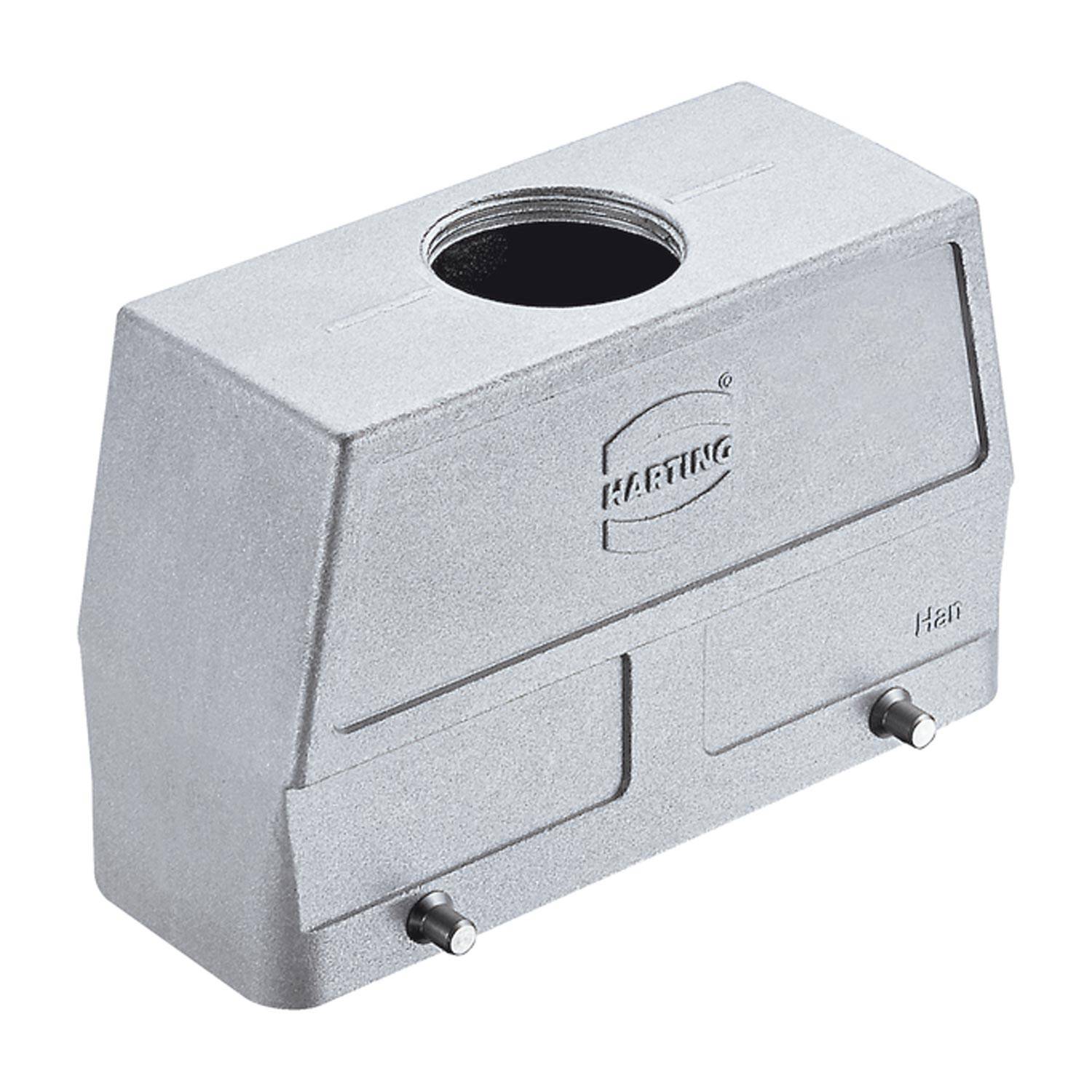 Metallisches rechteckiges Industriestecker-Gehäuse mit kreisförmiger oberer Öffnung, zwei seitlichen Bolzen und Logo.