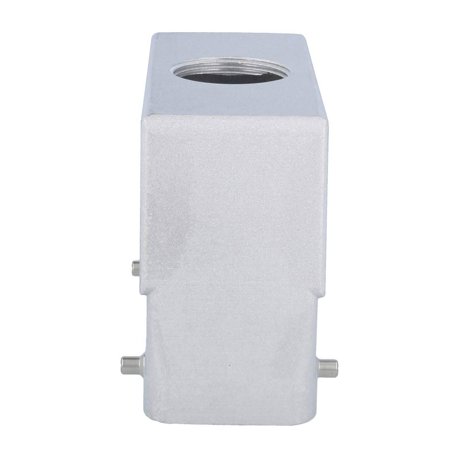 Metallisches rechteckiges Gehäuse mit Gewindeöffnung an der Oberseite, Seitenbefestigungen und glatter Oberfläche, möglicherweise zur industriellen Verwendung.