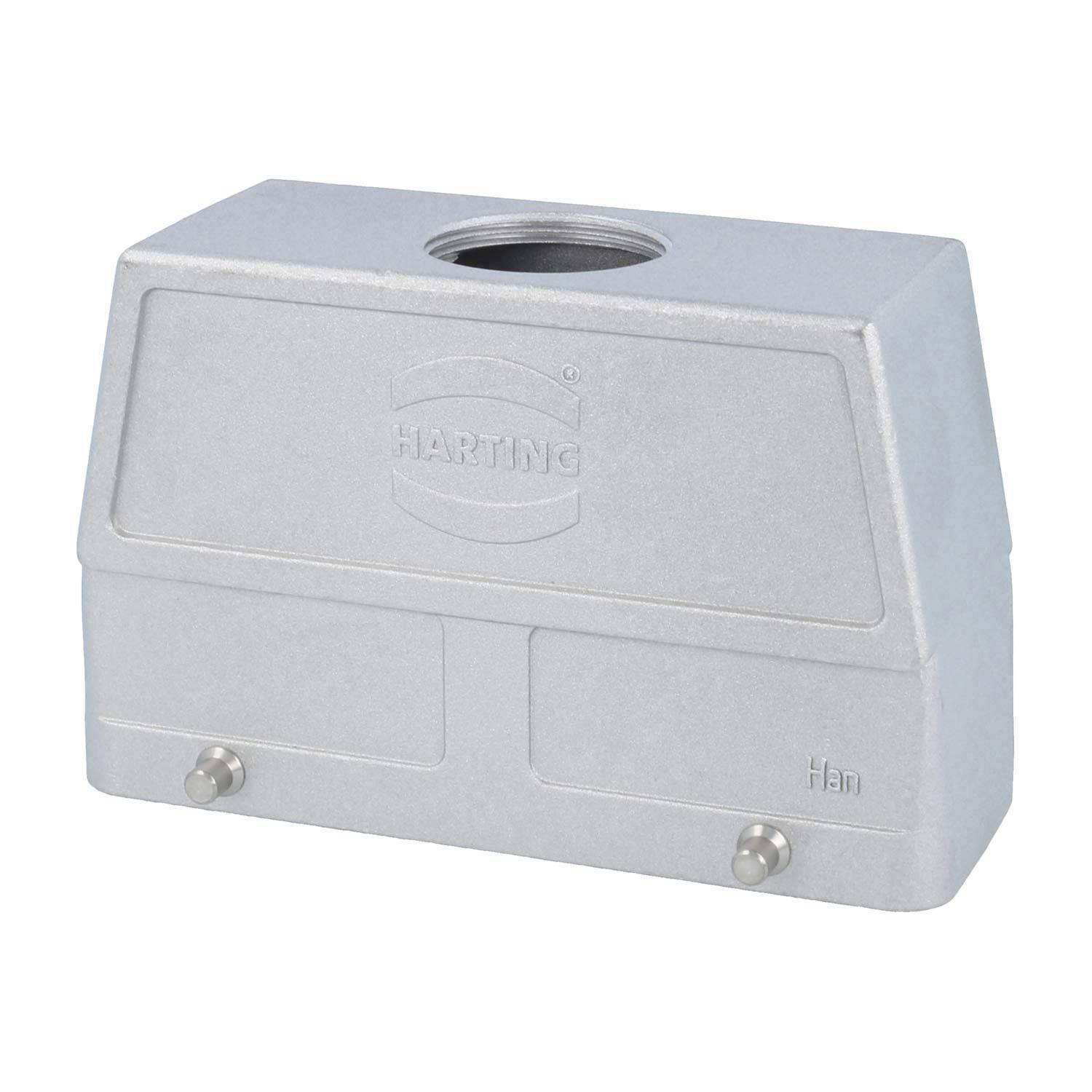 Rechteckiges HARTING-Steckergehäuse mit zwei Verriegelungspunkten, in metallischer Ausführung, mit Oberseite-Eingangsloch für Kabelverbindung.